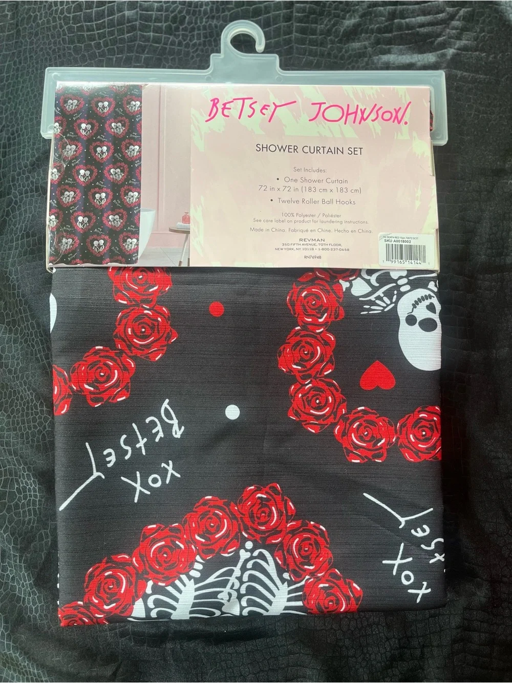 Betsey Johnson Til Death Black Red Rose Heart Skeleton Couple Shower Curtain NIP
